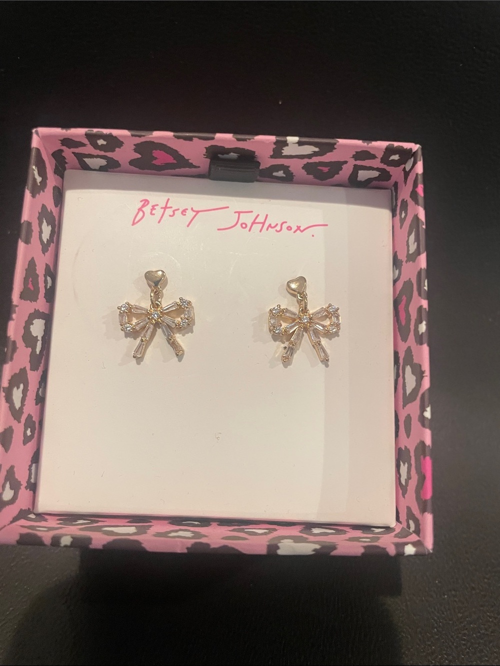 Betsey Johnson Gold Bow Crystal Stud Earrings with Heart Posts